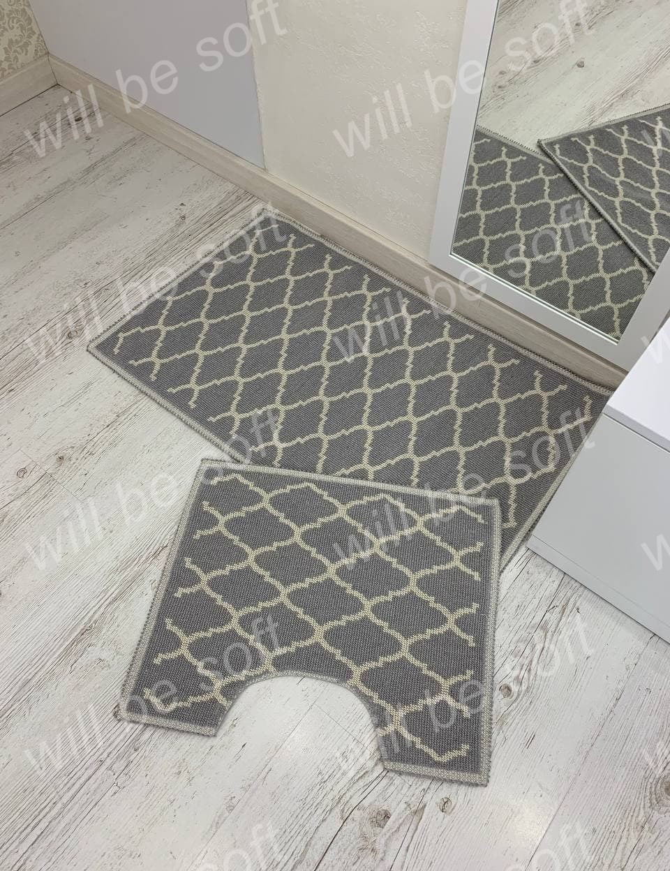 

Комплект ковриков для ванной комнаты Lavanta Home Узоры 60х100 и 60х50 см Серый с Белым 924