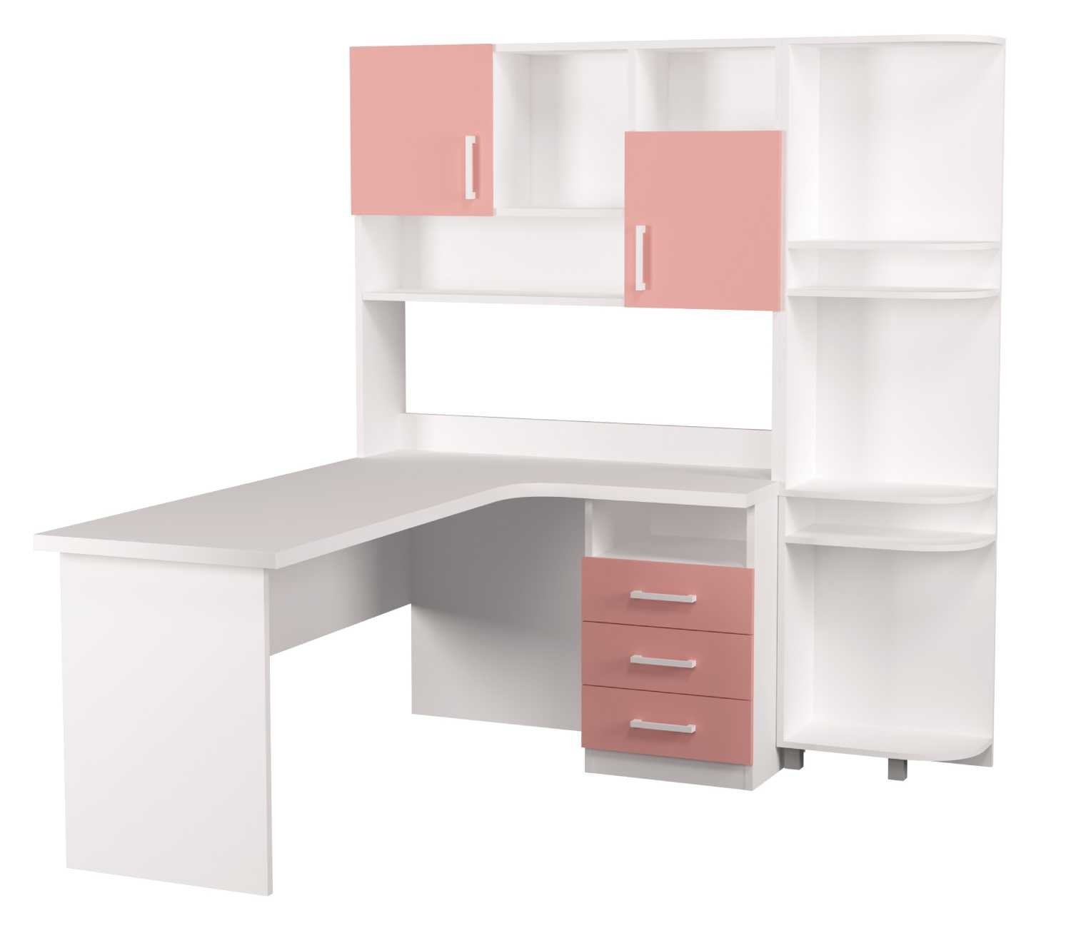 

Письменный угловой стол с надстройкой и Эркером Mebelkon Fashion 183х120х110 белый c розовым