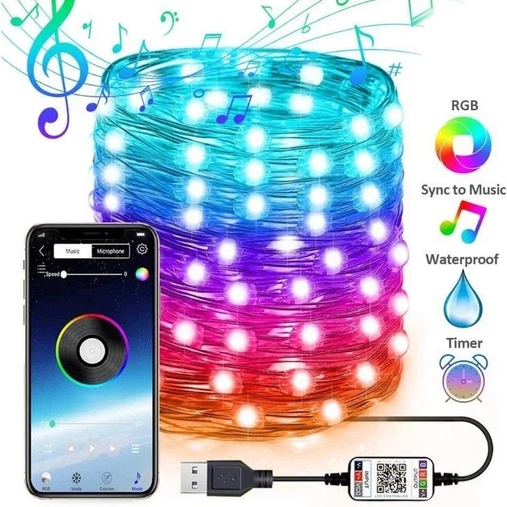 

Умная светодиодная гирлянда смарт нить на проволоке 3 м 30 LED Smart RGB Bluetooth управление через телефон питание от USB мигает под музыку