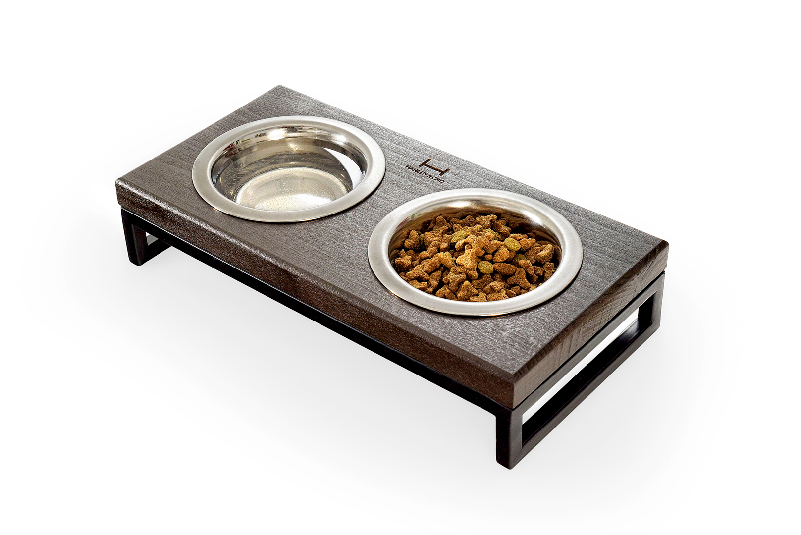 

Миски на подставке Lunch Bar Brown wood + Black, натуральное дерево S (36x18x7cm / Миски по 0,45л) Harley & Cho BGL-HL-613