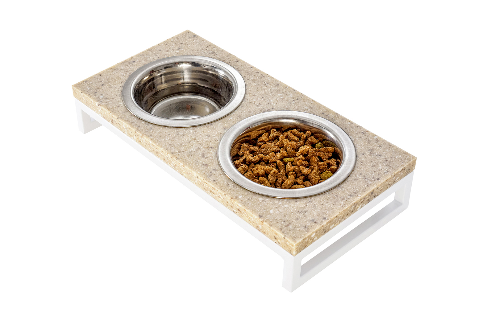 

Миски на подставке коричневый камень - белый металл Lunch Bar Stone Brown Stone + White S (36x18x7cm / Миски по 0,45л) Harley & Cho BGL-HL-34-1