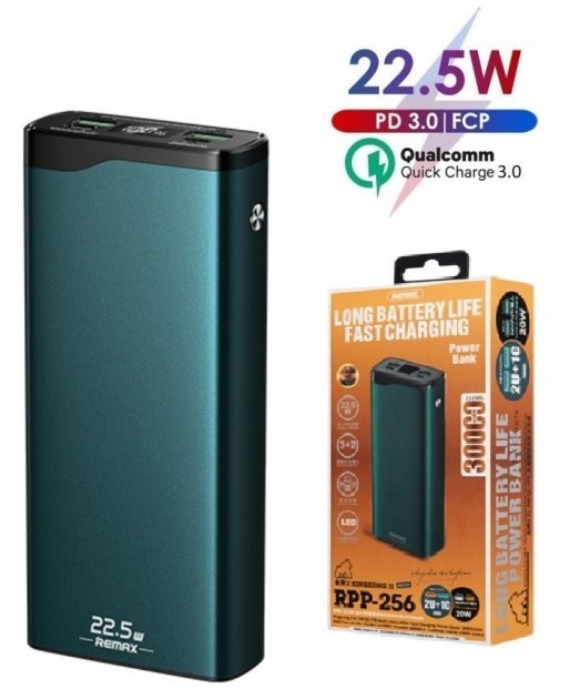 

Павербанк Remax LED Quick Charge 30000 mAh |2xUSB/1xType-C, PD/QC, 20W| Green