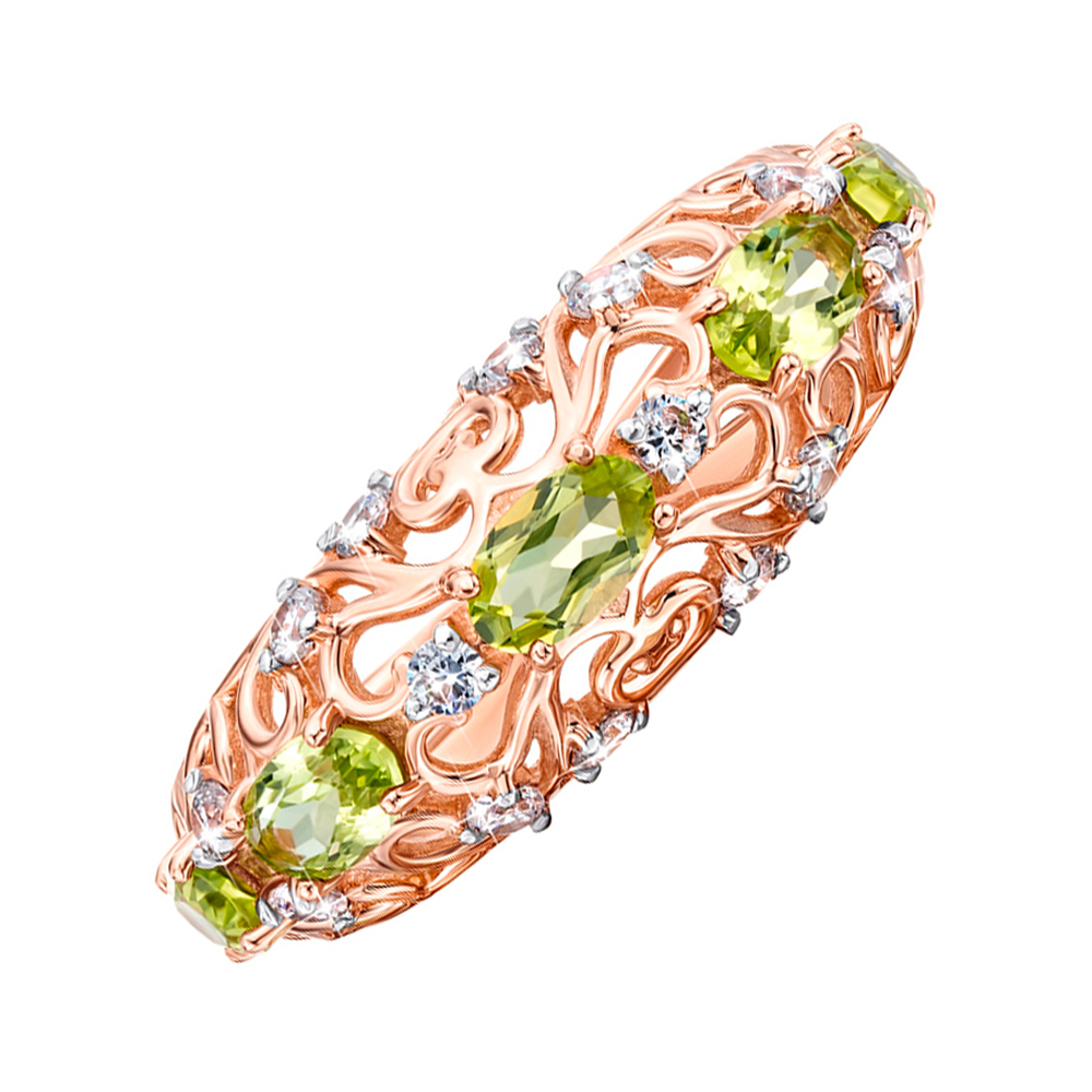 

Кольцо из красного золота с хризолитами, цирконием и родированными крапанами 000123036 18 размера