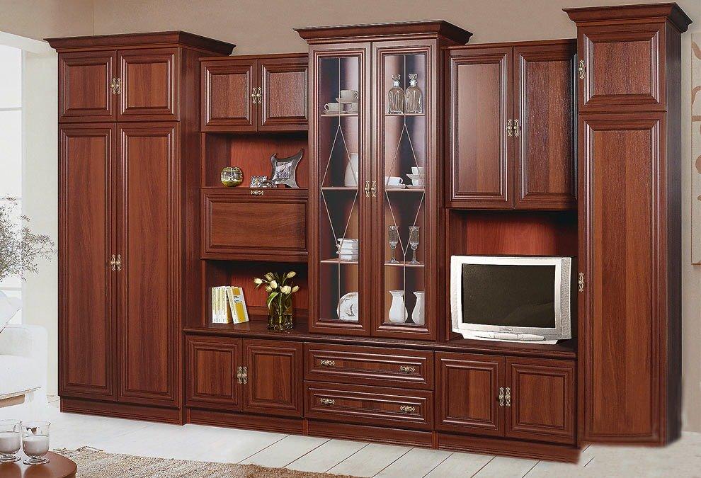 

Гостиная стенка с шкафом Полонез Скай 387×60х216 орех итальянский