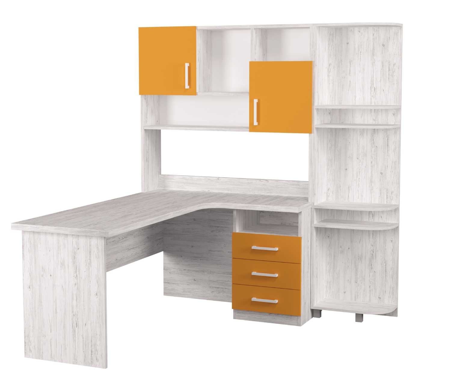 

Письменный угловой стол с надстройкой и Эркером Mebelkon Teenstyle 183х110х110 аляска c желтым