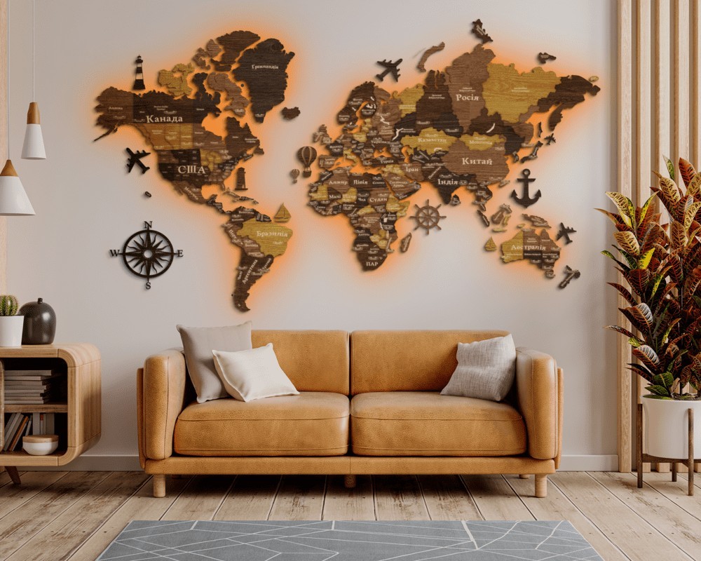 

Деревянная карта мира многослойная с подсветкой на стену из дерева LikeWood Standart 3D Led на акриловой стекле M 150 × 90 см Дуб и кипарис