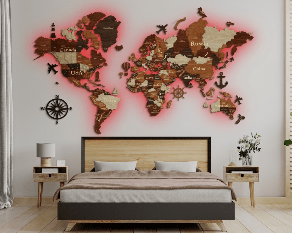 

Деревянная карта мира многослойная с подсветкой на стену из дерева LikeWood Standart 3D Led на акриловой стекле M 150 × 90 см Орех и белый палисандр