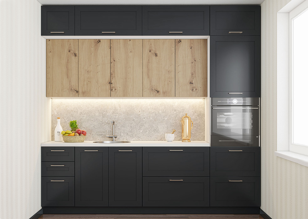 

Кухня прямая Марго МДФ 220 - низ и антресоль Графит - верх Дуб крафт золотой - комплект из 12 элементов без столешницы и мойки