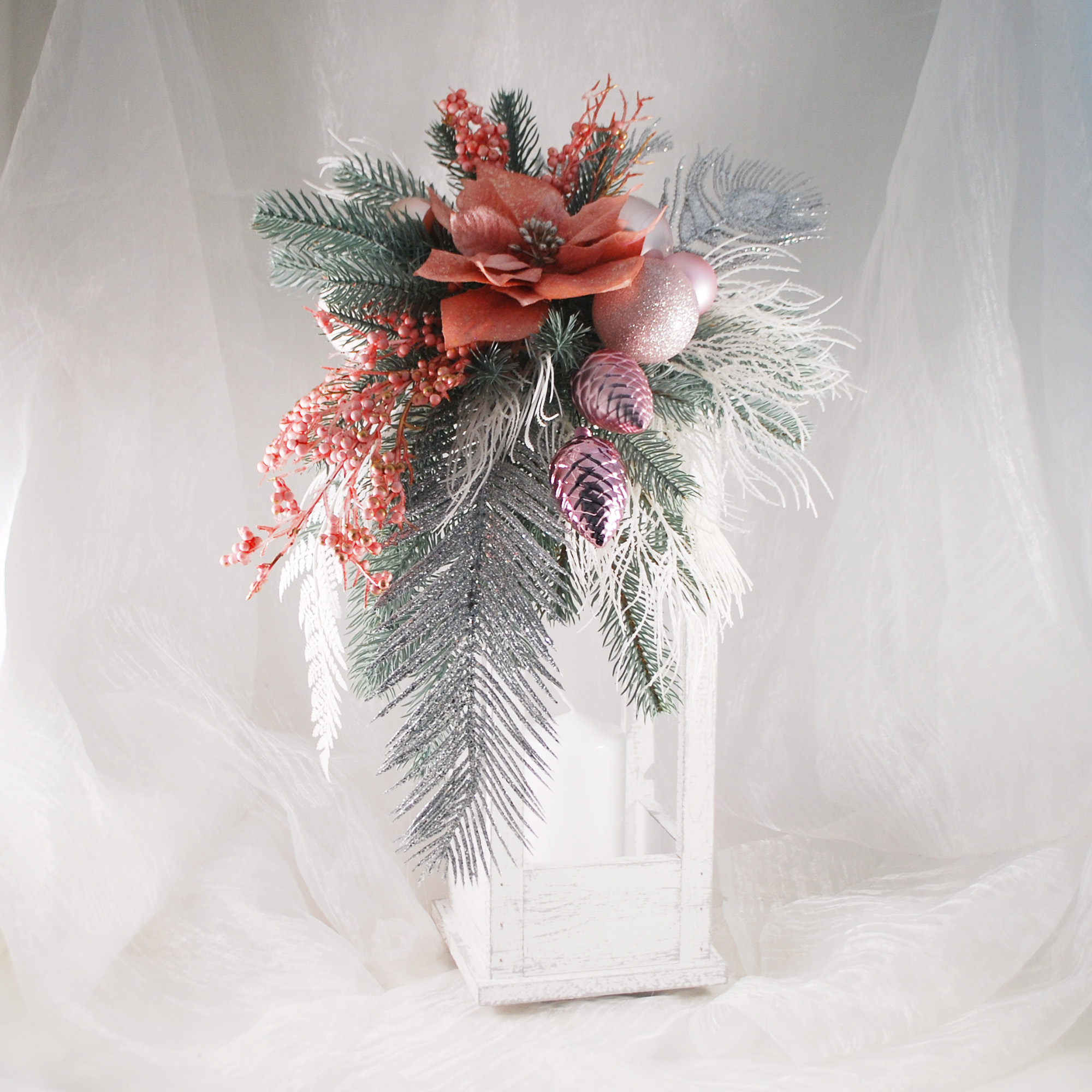 

Новогодняя композиция-фонарь со свечой 53 см Wedstyle розовый