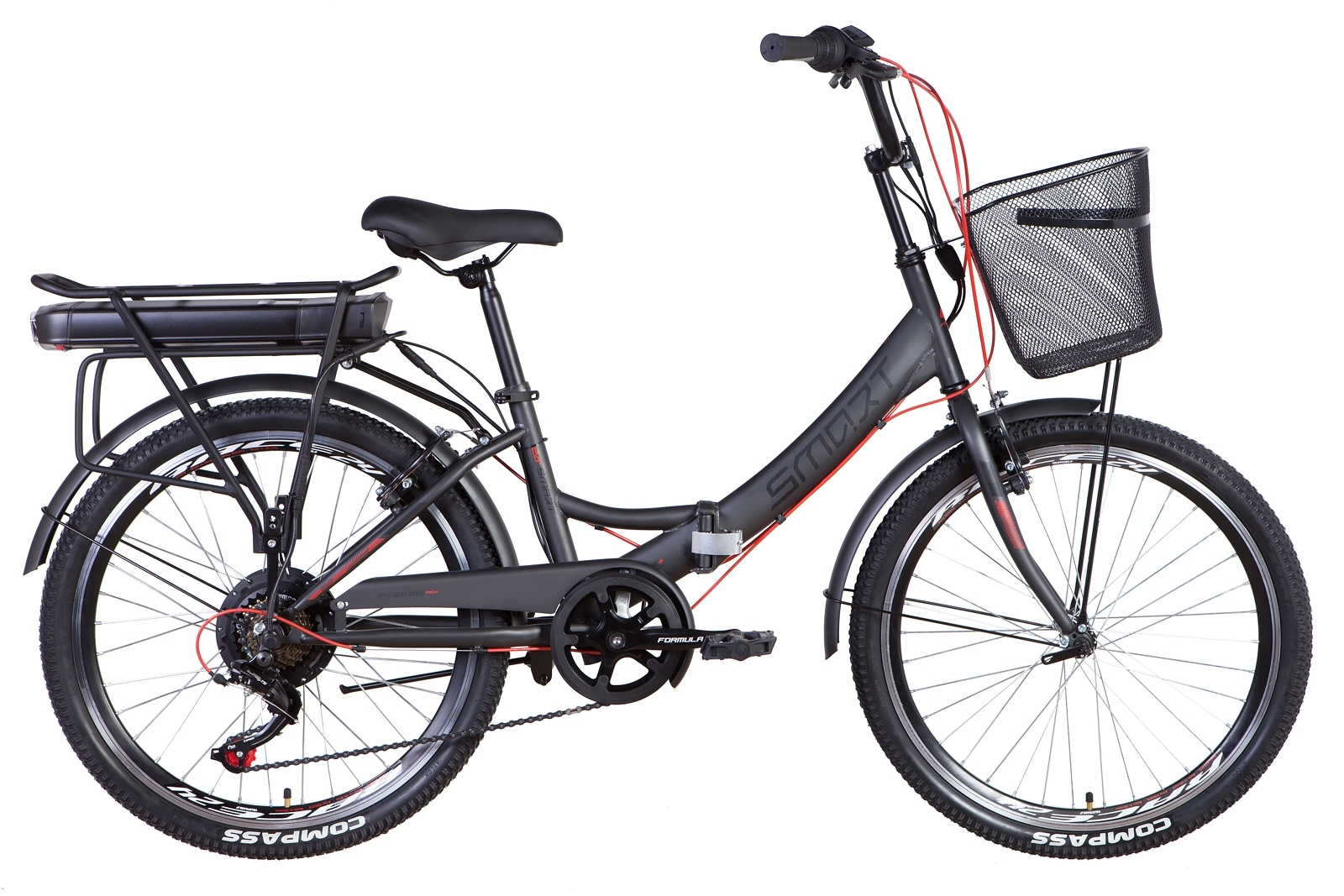 

Электровелосипед 24" Formula SMART 15" 350Вт 36В задний привод, батарея на багажник 12,5Ач, темно-серый с красным (м) 2022