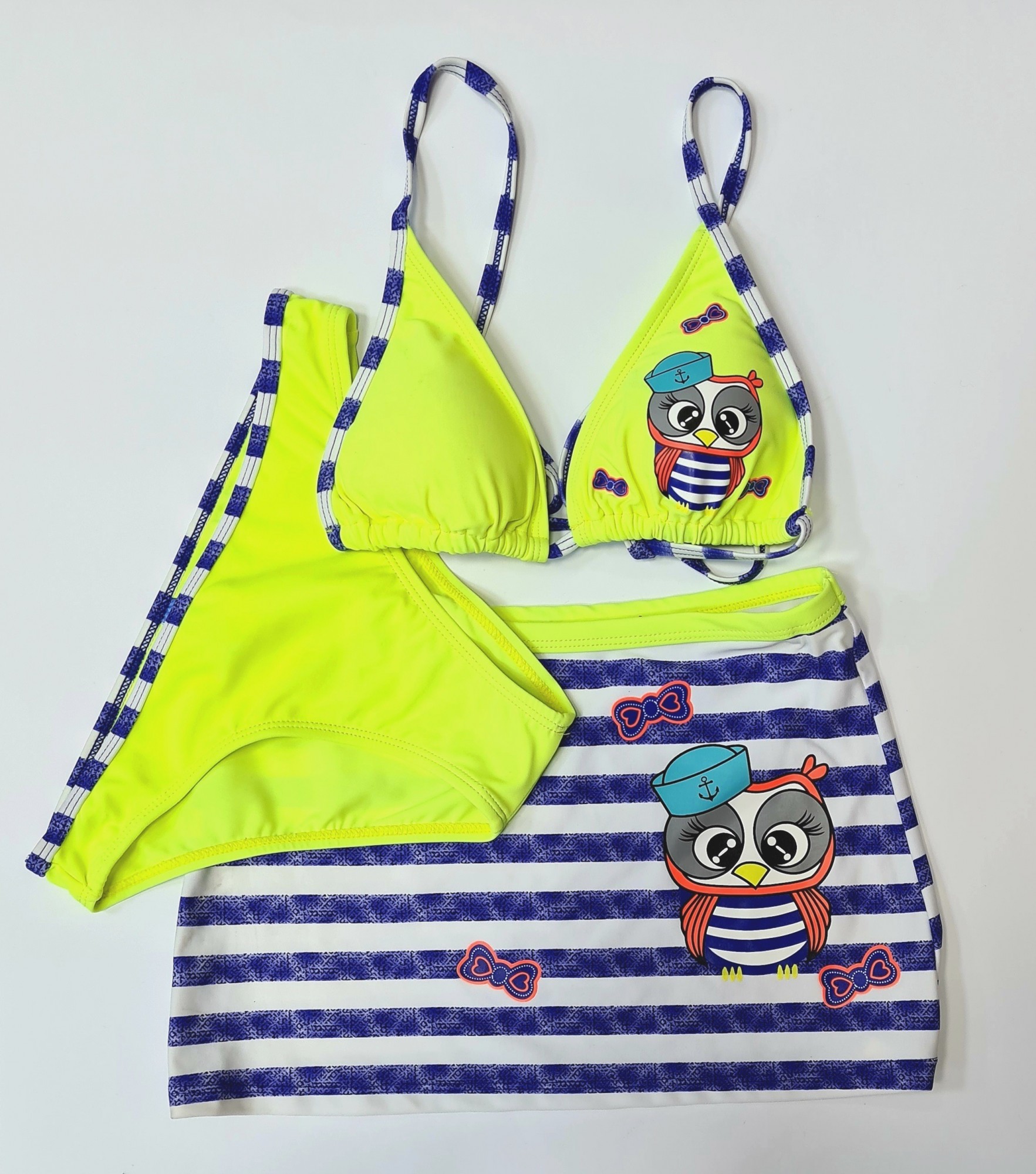 

Купальник для девочки салатовый синий с принтом Совы 146-152р (юбка-лиф-плавки) Арт.1104 RIVAGE LINE