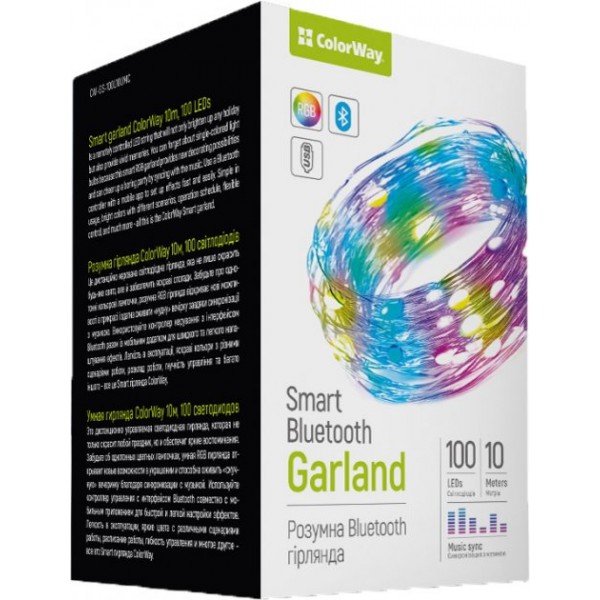 

Smart LED RGB гирлянда ColorWay (CW-GS-100L10UMC) 100LED, 10м, WiFi, Bluetooth, синхронизация освещения с музыкой