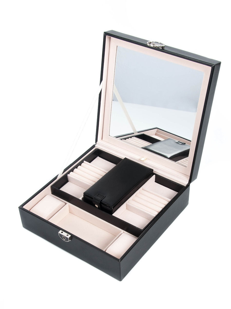 

Шкатулка сундук органайзер коробка футляр для хранения украшений бижутерии из кожзама с зеркалом на ключике 25х25х10 см (32363-Нов)