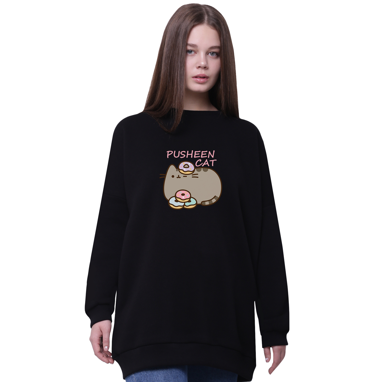 

Свитшот для девочек удлиненный Кот Пушин (Pusheen Cat) Черный (35963-3346-4) 152 см