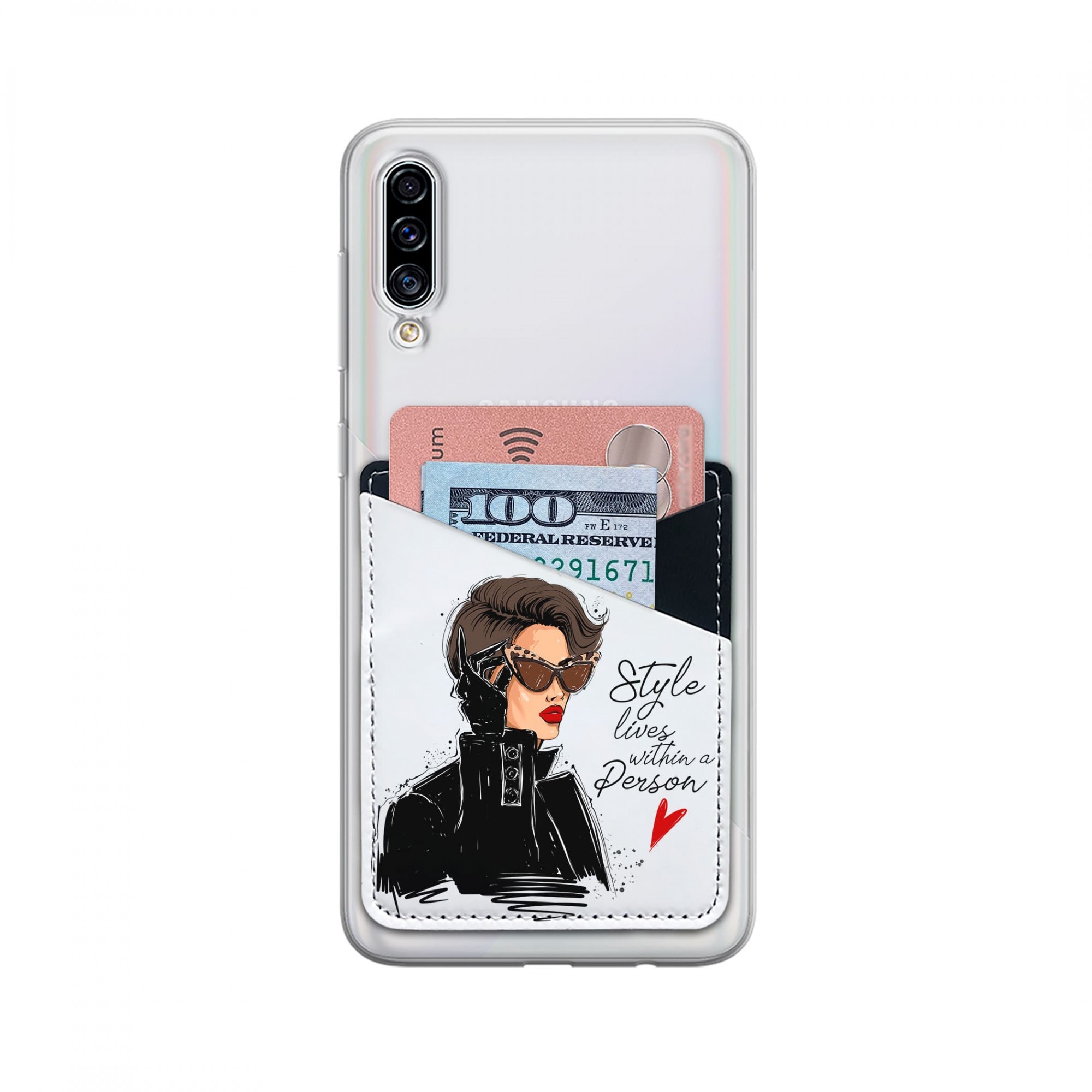 

Стильный картхолдер визитница для девушки на телефон из екокожы Madam in Glasses / наклейка на чехол (2633)