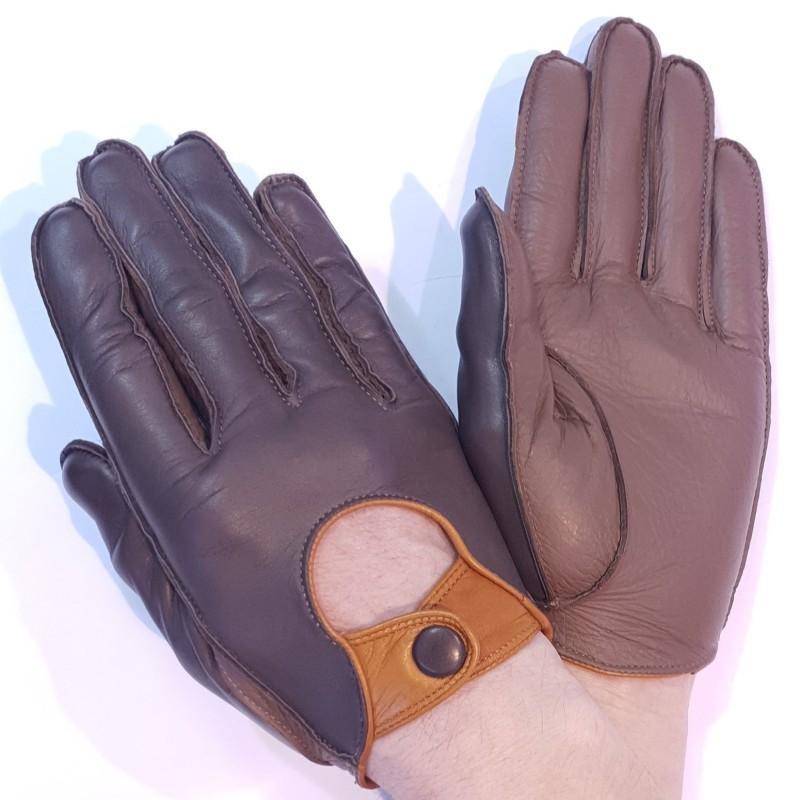 

Мужские перчатки для вождения комбинированные GlovesUA мод.275 р.10,5 тауп/ черный (кожа лайка/олень, шов наружу, без отв, рем. св коньяк, кнопка обтянута)