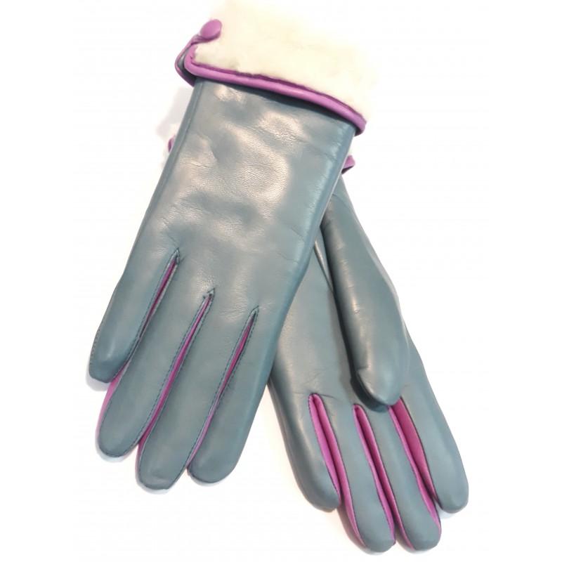

Женские перчатки кожаные с мехом GlovesUA (кролик) мод.043 р.7,5 петролеум со стрелками фуксия