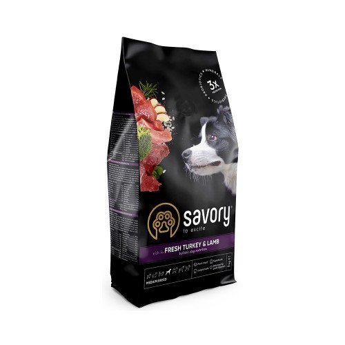 

Сухой корм для собак средних пород Savory, со свежим мясом индейки и ягненка, 1 кг
