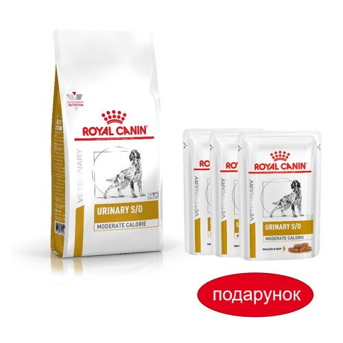 

Сухой корм Royal Canin Urinary S/O Moderate Calorie при мочекаменной болезни у собак, 1.5 кг + 3 пауча