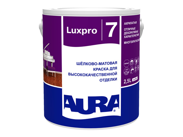 

Краска акрилатная Aura Luxpro 7 Белая 2,5 л - для высококачественной отделки потолков и стен, шелково-матовая