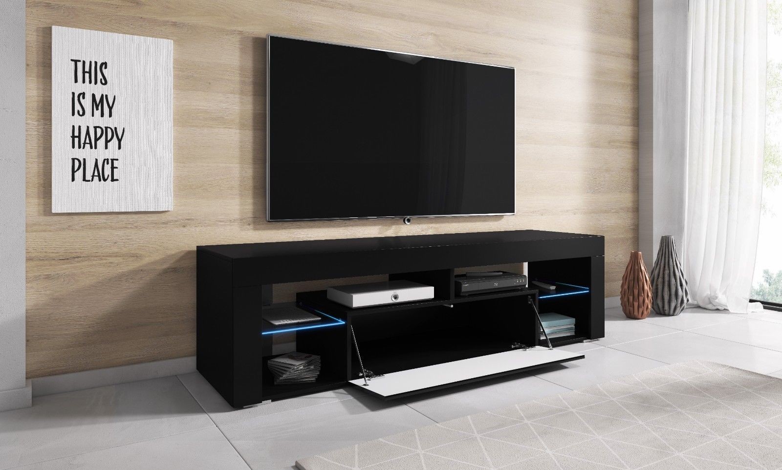 

Тумба под телевизор TVshka Hugo 140 140.2x32x50.5 см черный/черный глянец
