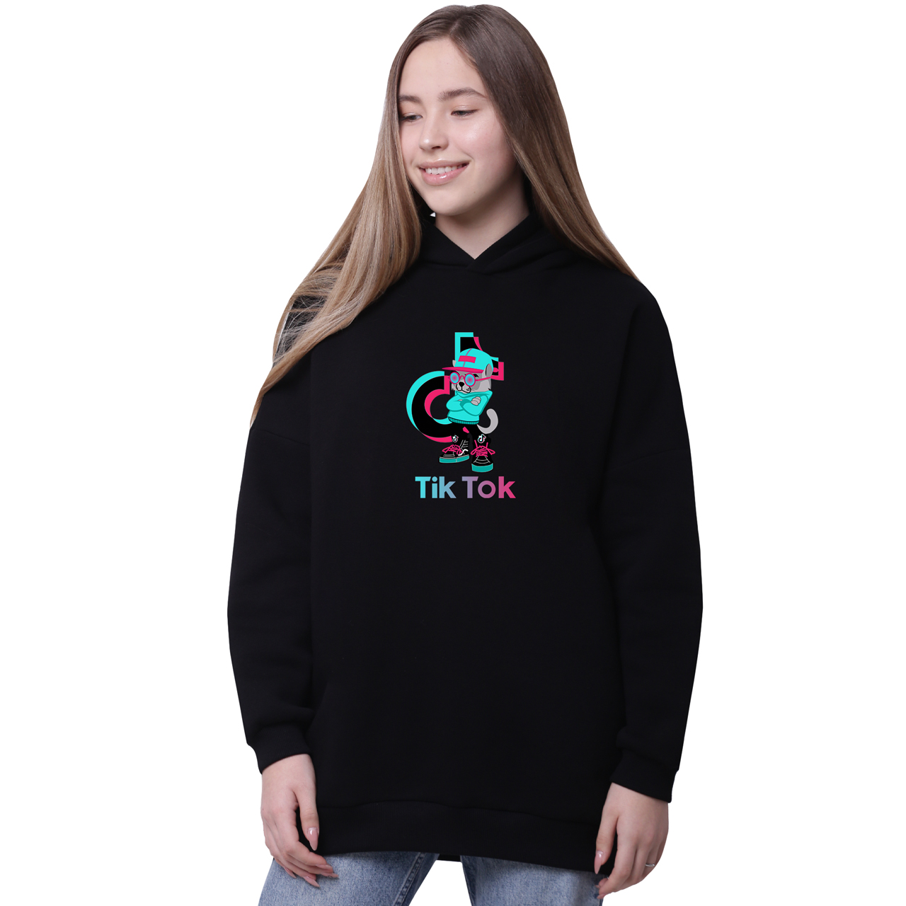 

Худи для девочек удлиненный Кот ТикТок (Cat TikTok) Черный (35962-1644-8) 176 см