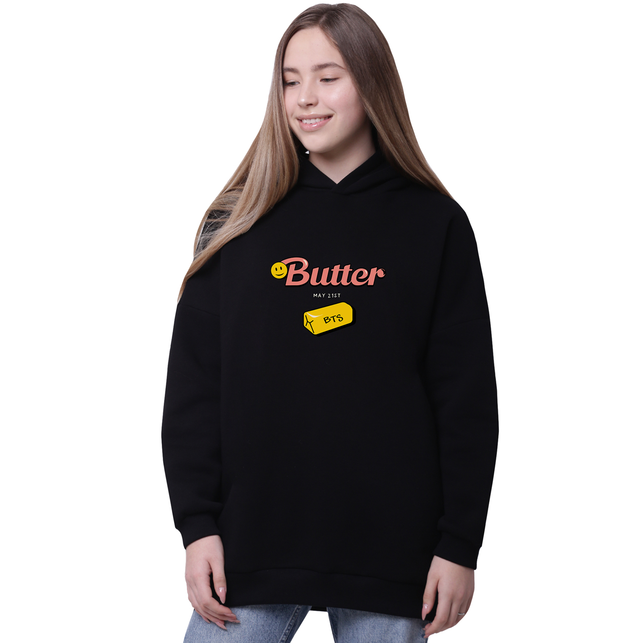 

Худи для девочек удлиненный БТС (Butter BTS) Черный (35962-3257-3) 146 см