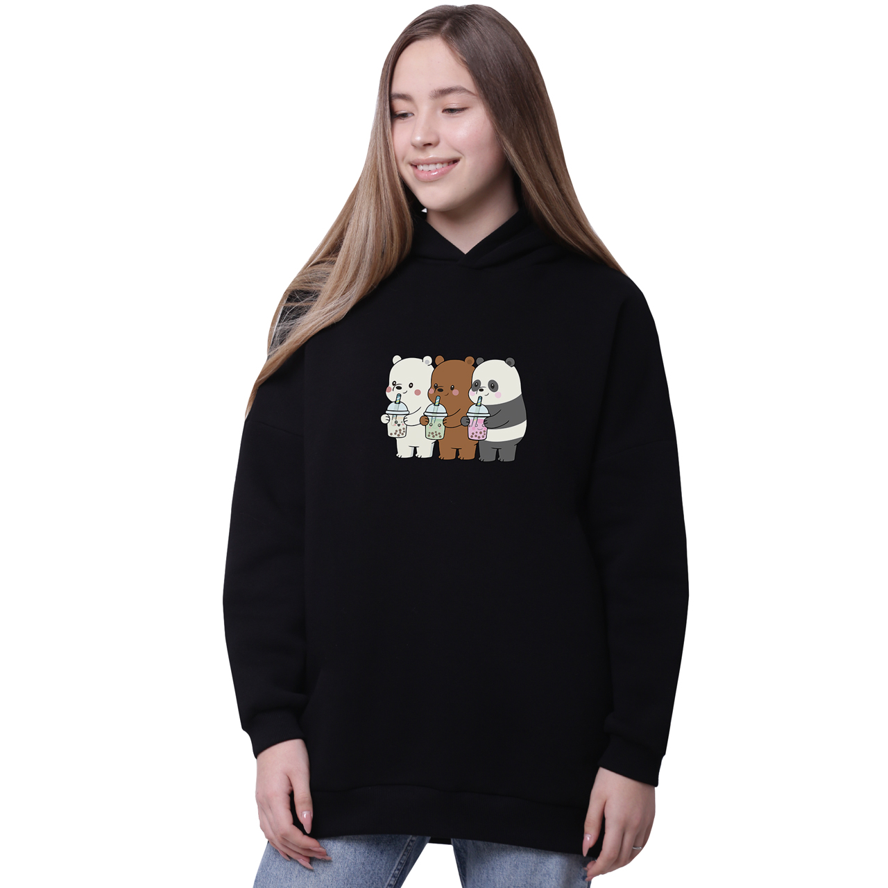 

Худи для девочек удлиненный Вся правда о медведях (We Bare Bears) Черный (35962-2896-6) 164 см
