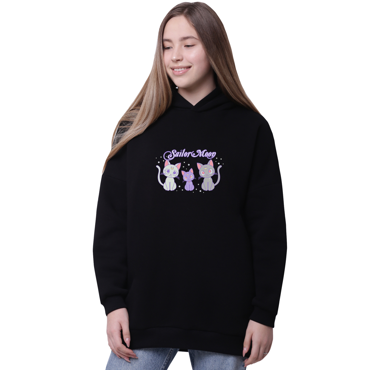 

Худи для девочек удлиненный Луна Кошки Сейлор Мун (anime Sailor Moon Cats) Черный (35962-2920-2) 140 см