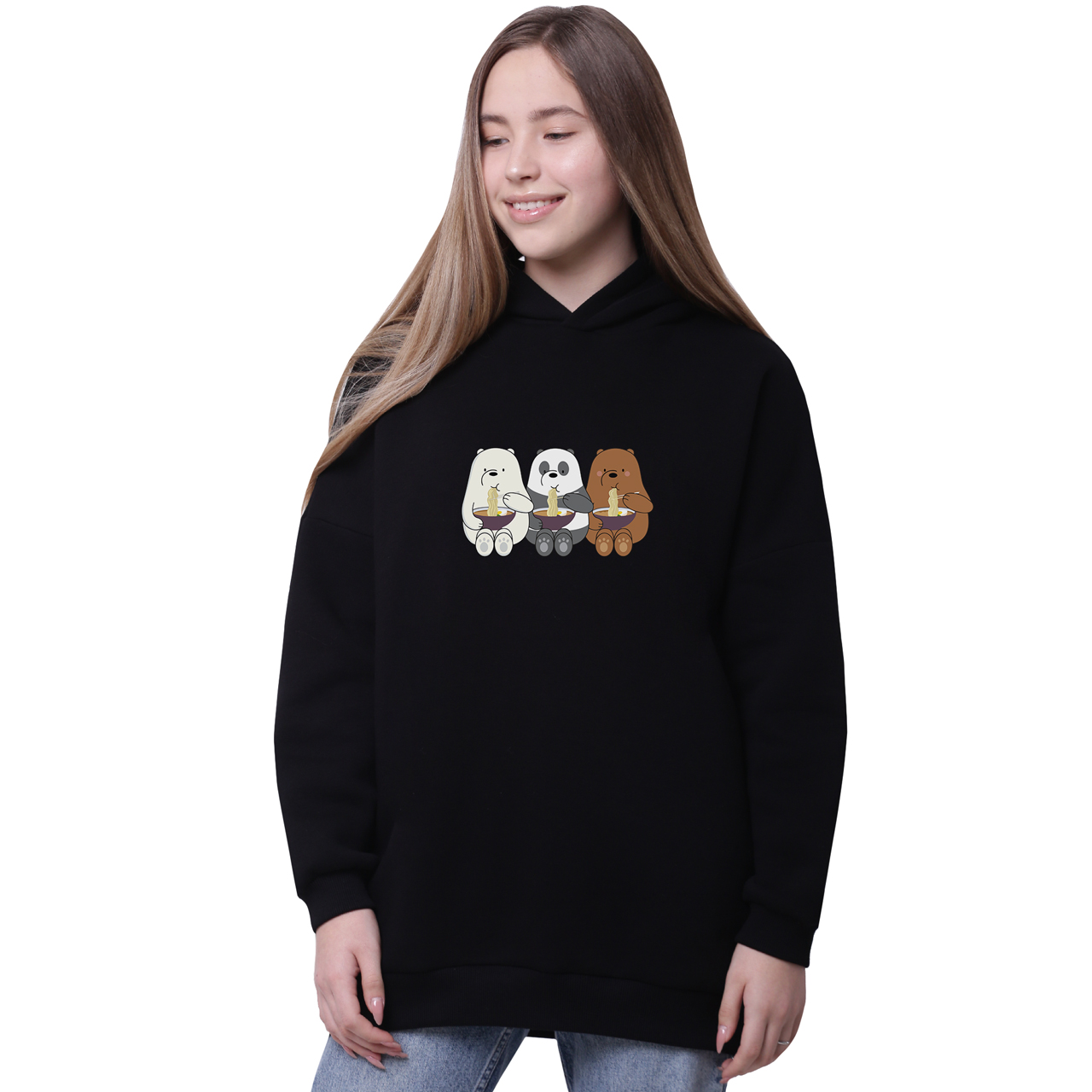 

Худи для девочек удлиненный Вся правда о медведях (We Bare Bears) Черный (35962-2897-3) 146 см