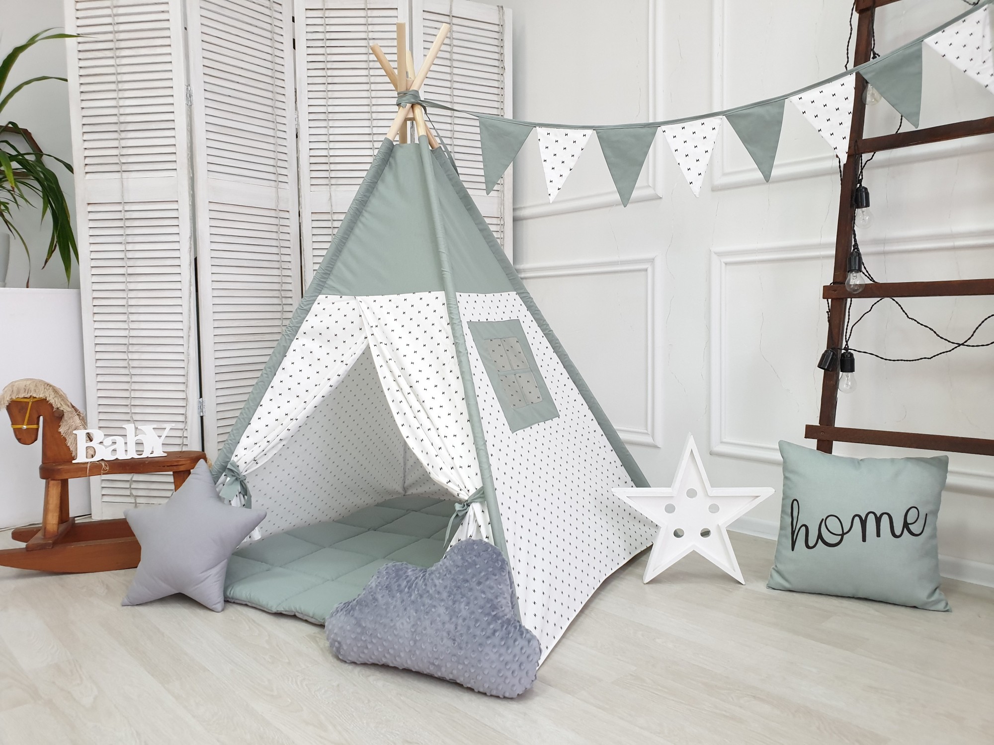 

Вигвам палатка GKA Детский игровой комплекс с ковриком и подушками хлопок Серый с белым 110х110х140 см