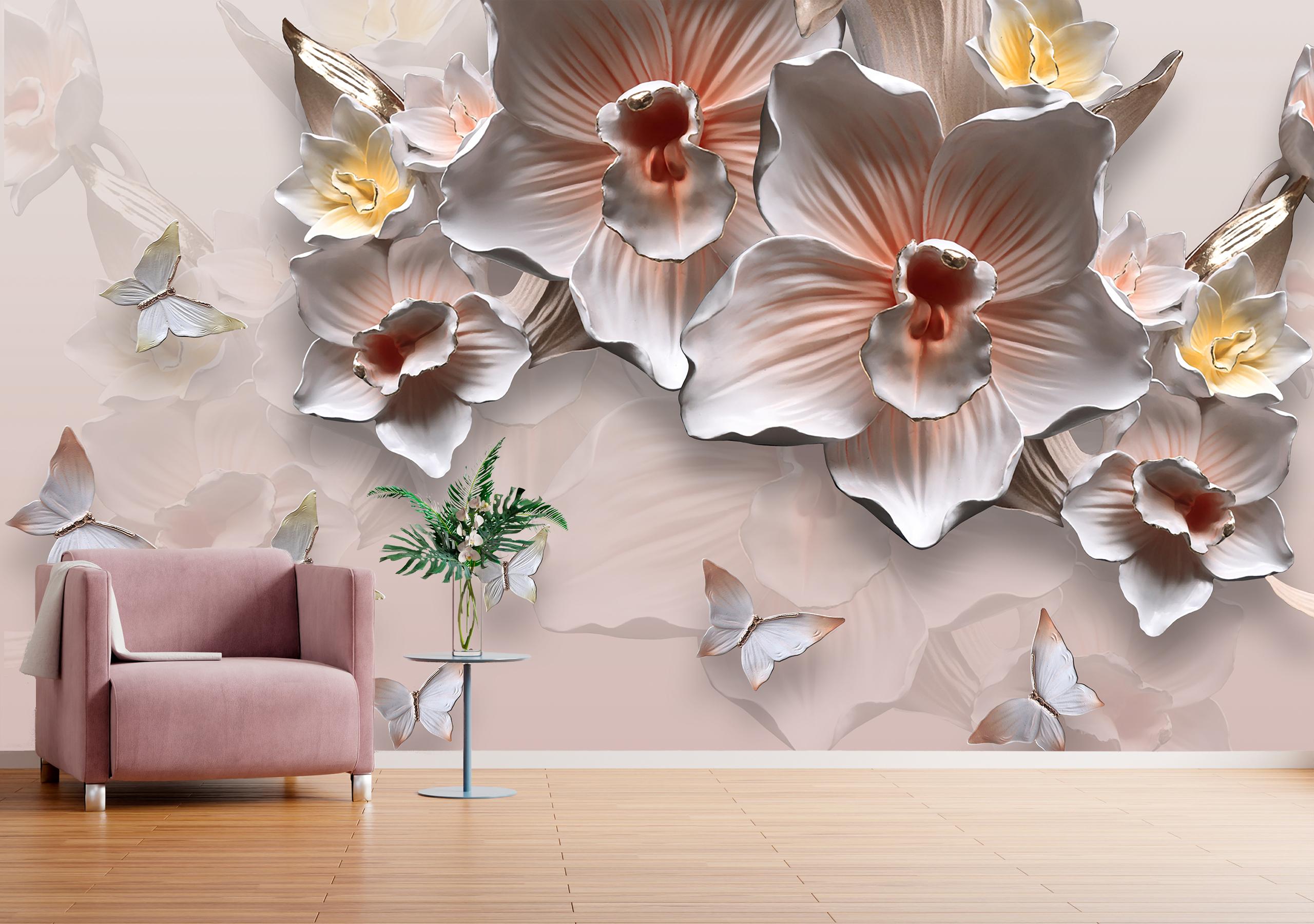 

Виниловые Фотообои Walldeco Орхидеи и бабочки, барельеф 300x200 Диамант