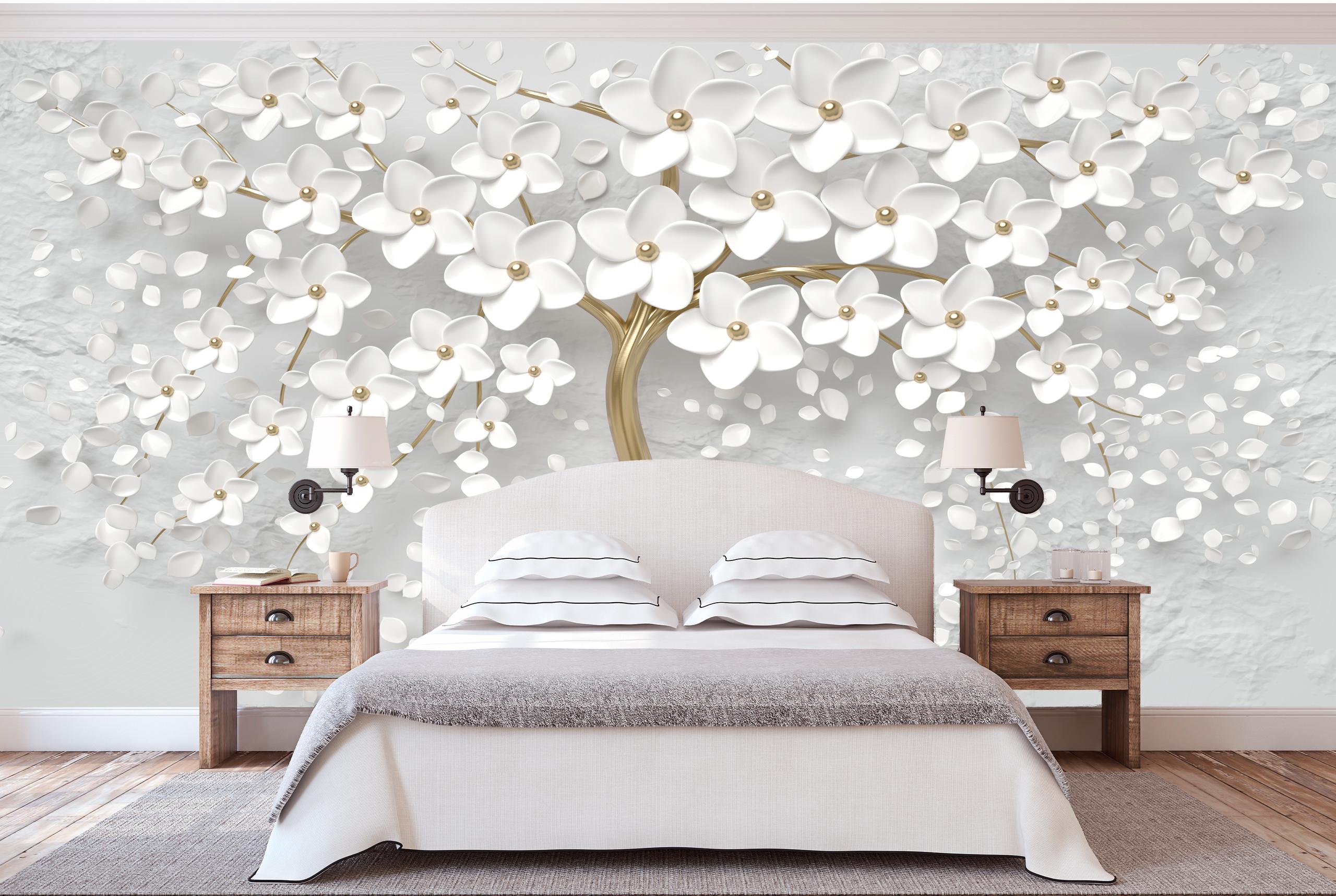 

Виниловые Фотообои Walldeco Белые цветы на стене 300x200 Жаккард