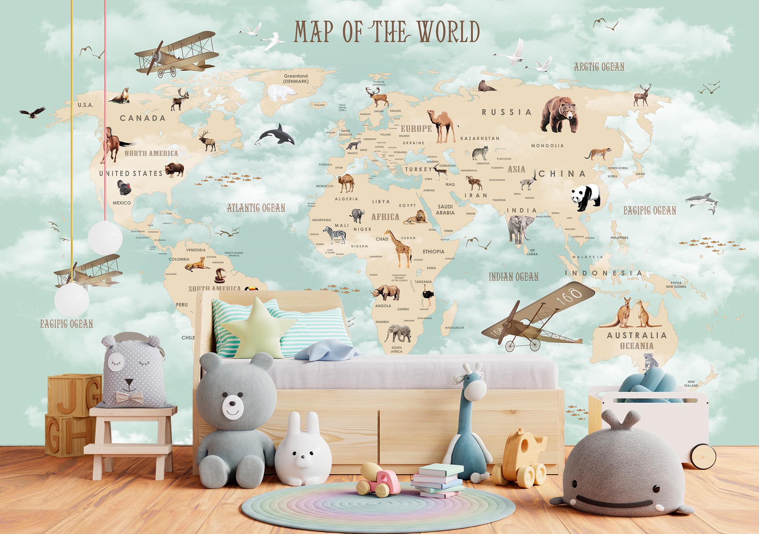 

Виниловые Фотообои Walldeco Детская карта мира 200x130 Жаккард