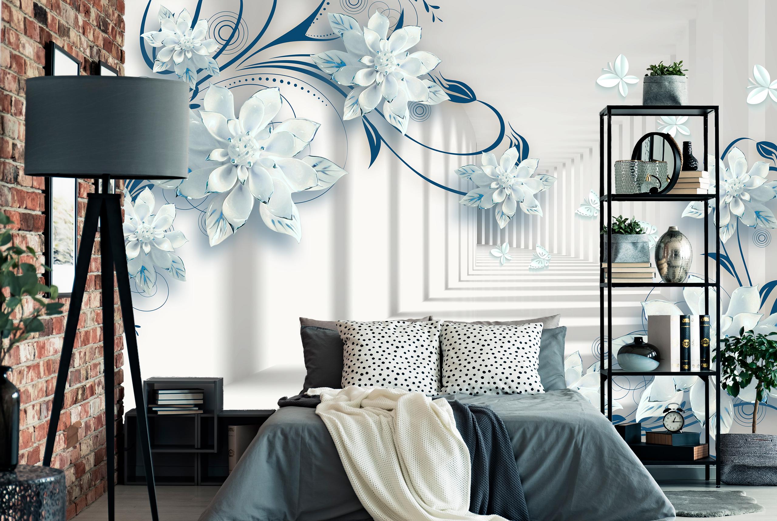 

Фотообои на самоклеющейся основе Walldeco 3Д коридор и голубые цветы 400x260 Лоск