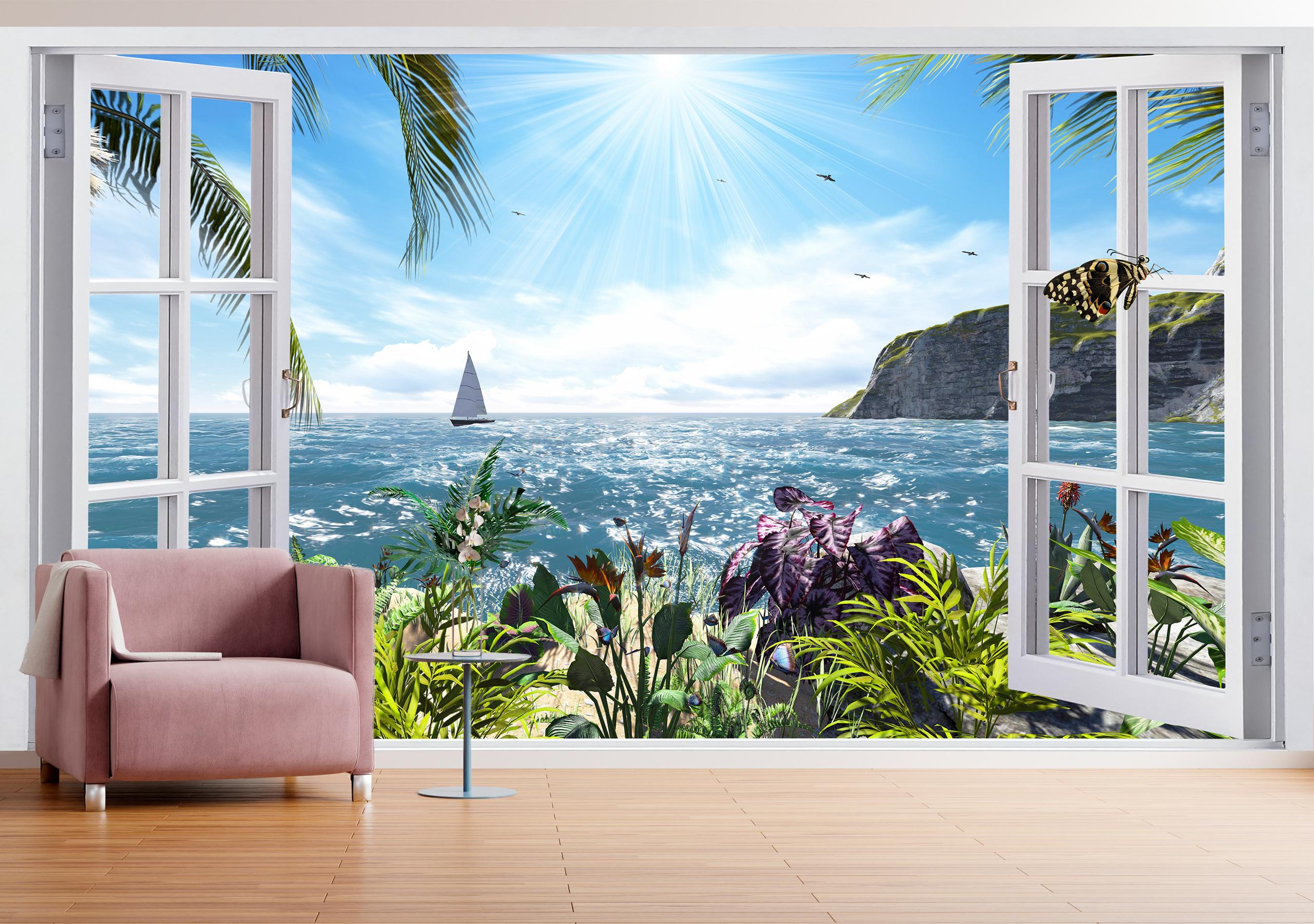 

Виниловые Фотообои Walldeco Вид из окна на море и горы 380x250 Фреска