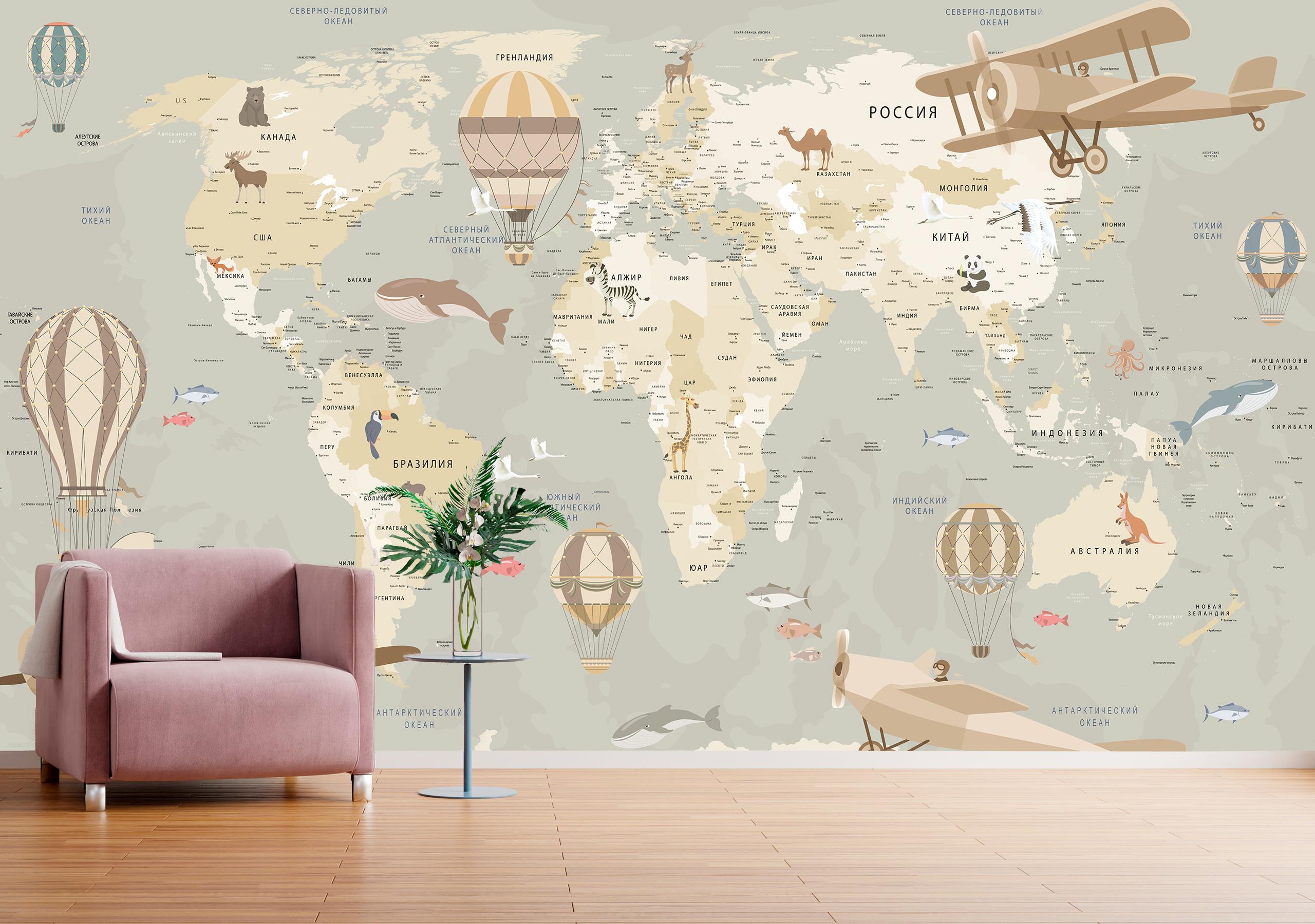 

Виниловые Фотообои Walldeco Карта мира и самолёты 380x250 Базальт