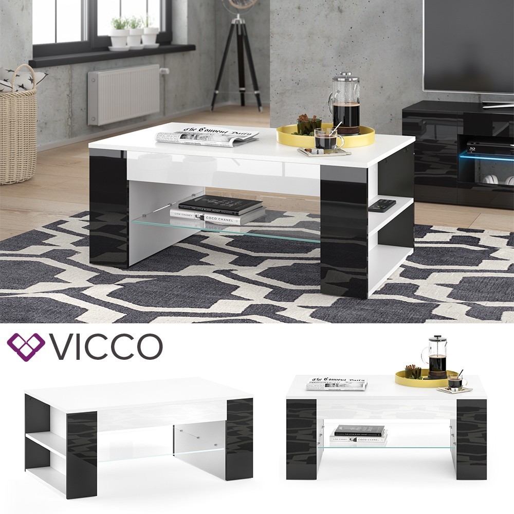 

Журнальный стол с полкой 100x60 Vicco Stelios, белый и черный глянец
