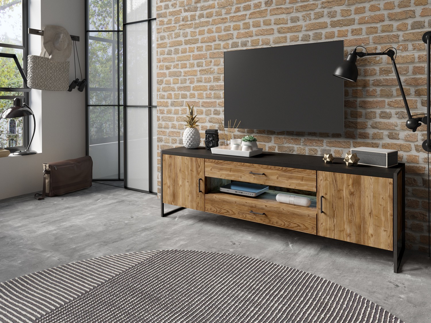 

Тумба ТВ Helvetia Tarabo ель Аппенцелер + черный 204x68x45 см 24ABJH40