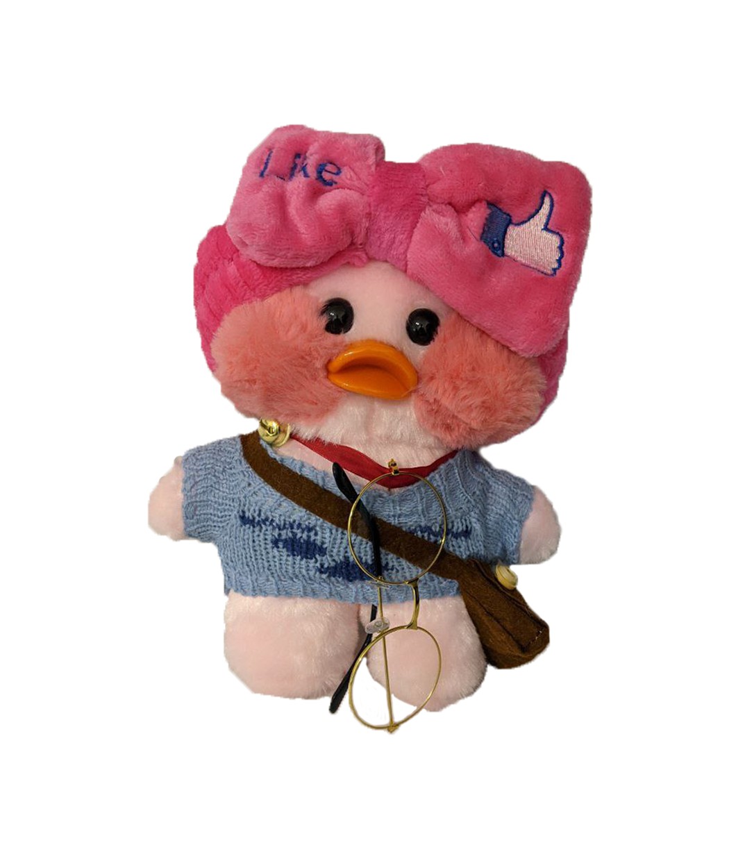 

Плюшевая игрушка утка лалафанфан Duck lalafanfan в одежде с очках розовая