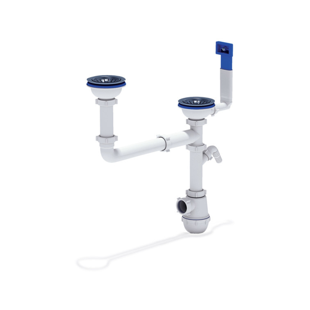 

Сифон для кухонной мойки на 2 чаши c переливом и отводом АНИ ПЛАСТ A7700 впуск Ø115мм выпуск Ø40мм A7700