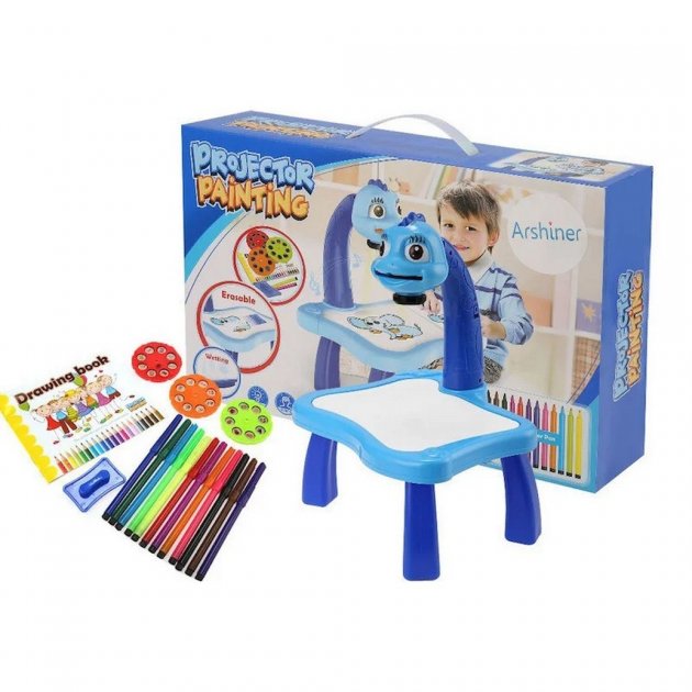 

Проектор для рисования A-toys YM6886 музыкальный,24 картинки,12 фломастеров,альбом, Синий (123599)