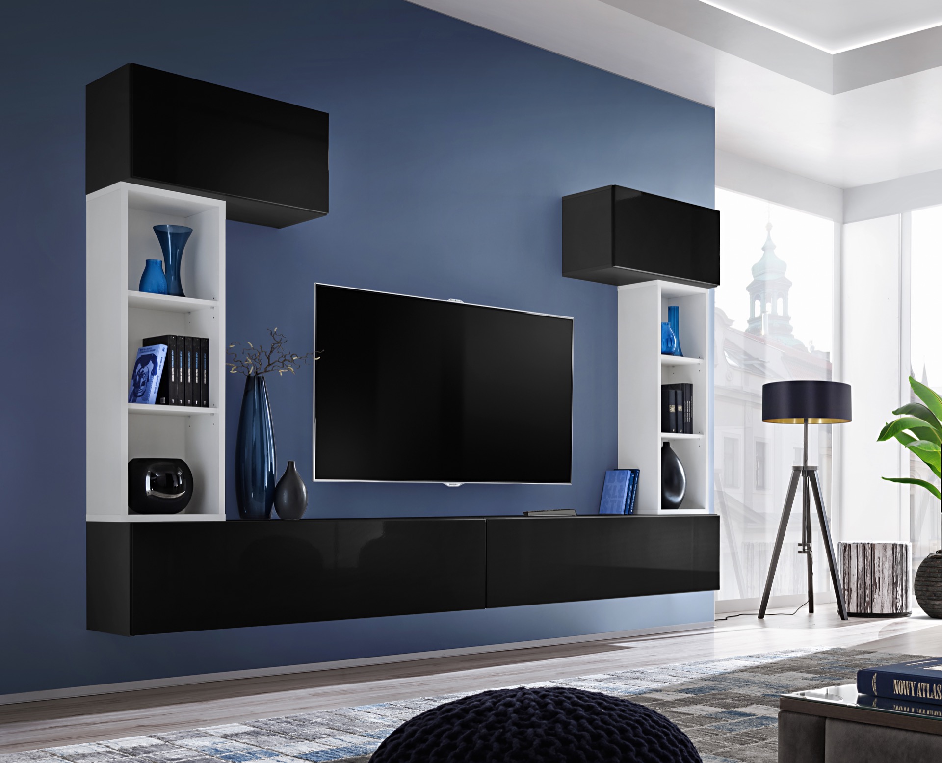 

Меблева стінка Blox II ASM 28 ZW BX2 корпус - білий і чорний мат, фронт чорний глянець