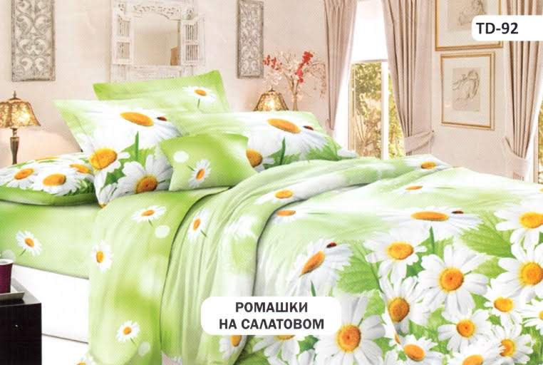 

Постельное белье комплект из Бязи "Ромашки на салатовом". Размер Полуторный, простынь на Резинке, для Евро подушки (TIR_2257-362 1.5/R-EP)