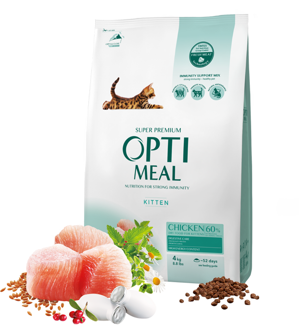 

Полнорационный сухой корм для котят с мясом курицы Opti Meal 4 кг
