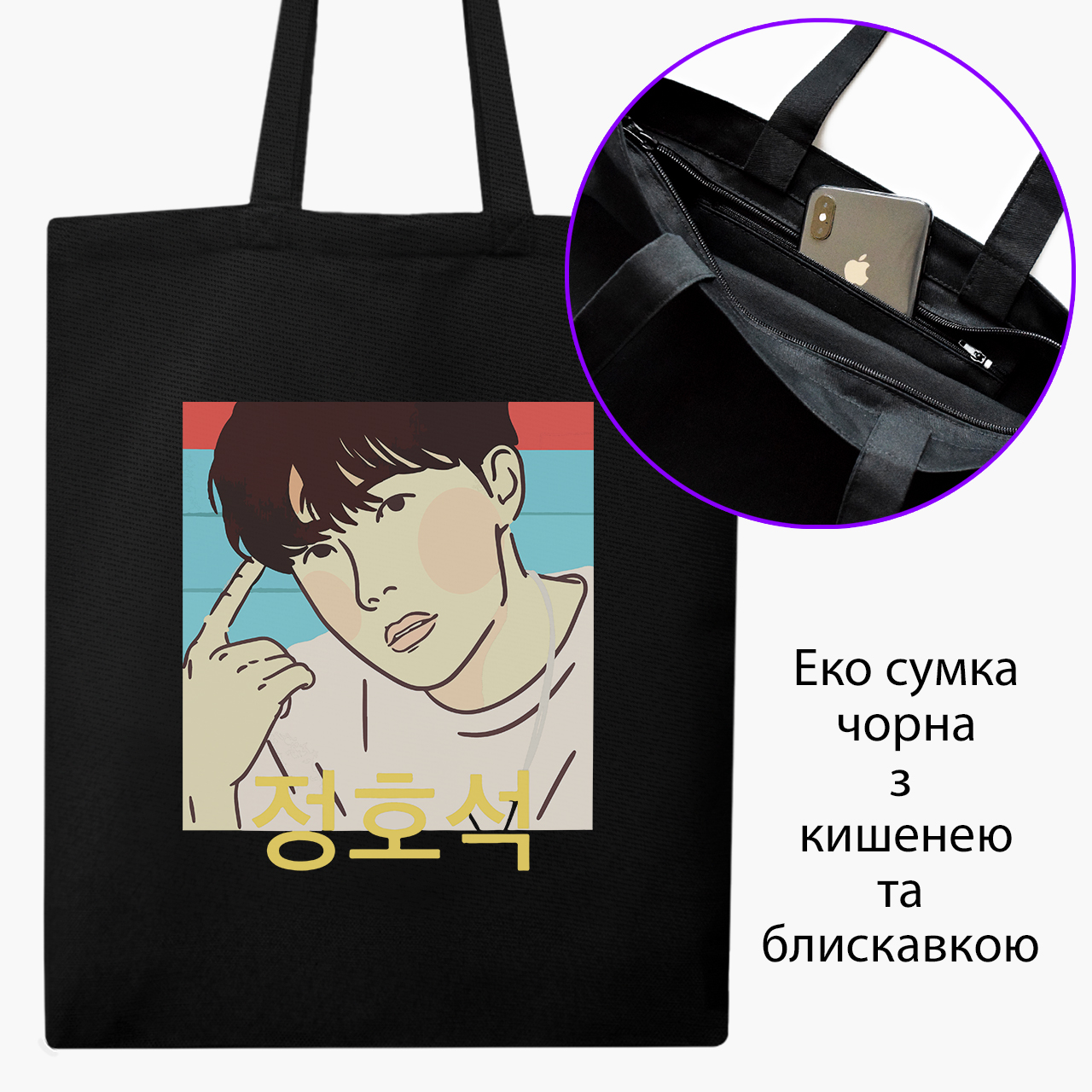 

Эко сумка шоппер на молнии Чон Хосок БТС (Jung Ho-seok BTS) (9227-3258) 41x35 см Черный
