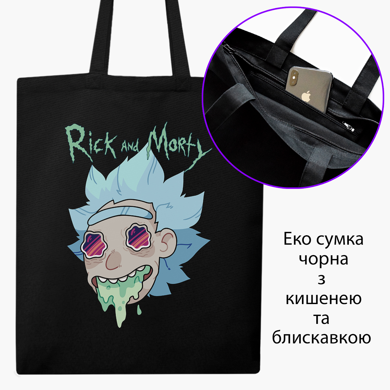 

Эко сумка шоппер на молнии Морти Смит Рик и Морти (Morty Smith Rick and Morty) (9227-2945) 41x35 см Черный