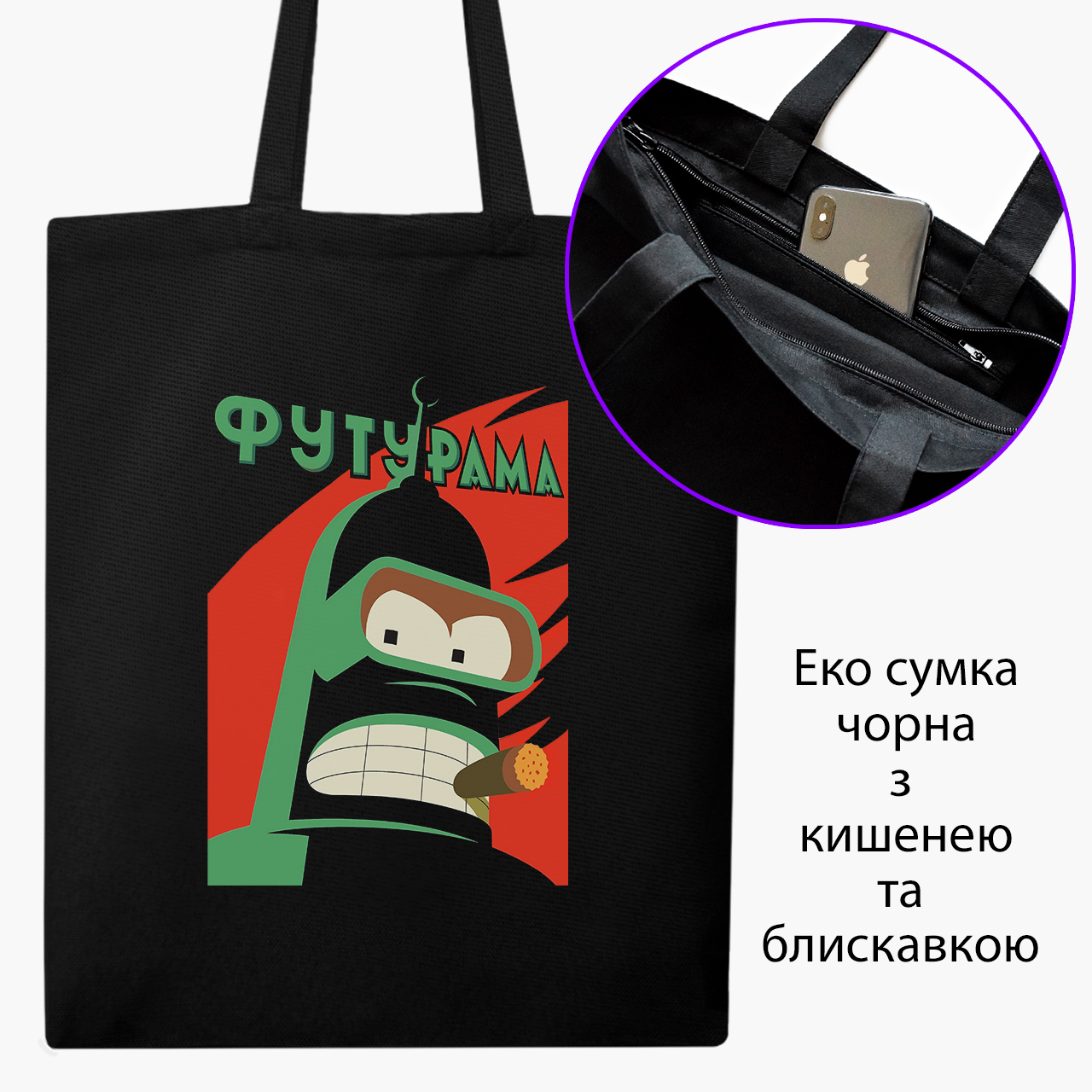 

Эко сумка шоппер на молнии Футурама Бендер (Futurama Bender) (9227-2864) 41x35 см Черный