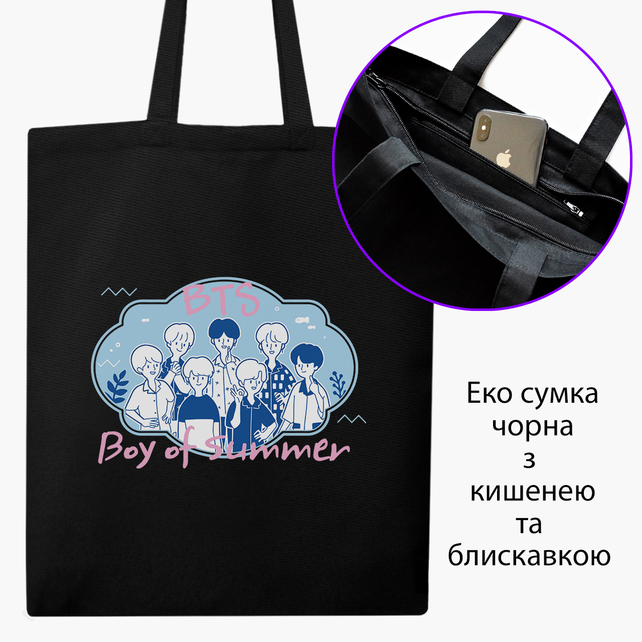 

Эко сумка шоппер на молнии БТС (BTS) (9227-3266) 41x35 см Черный