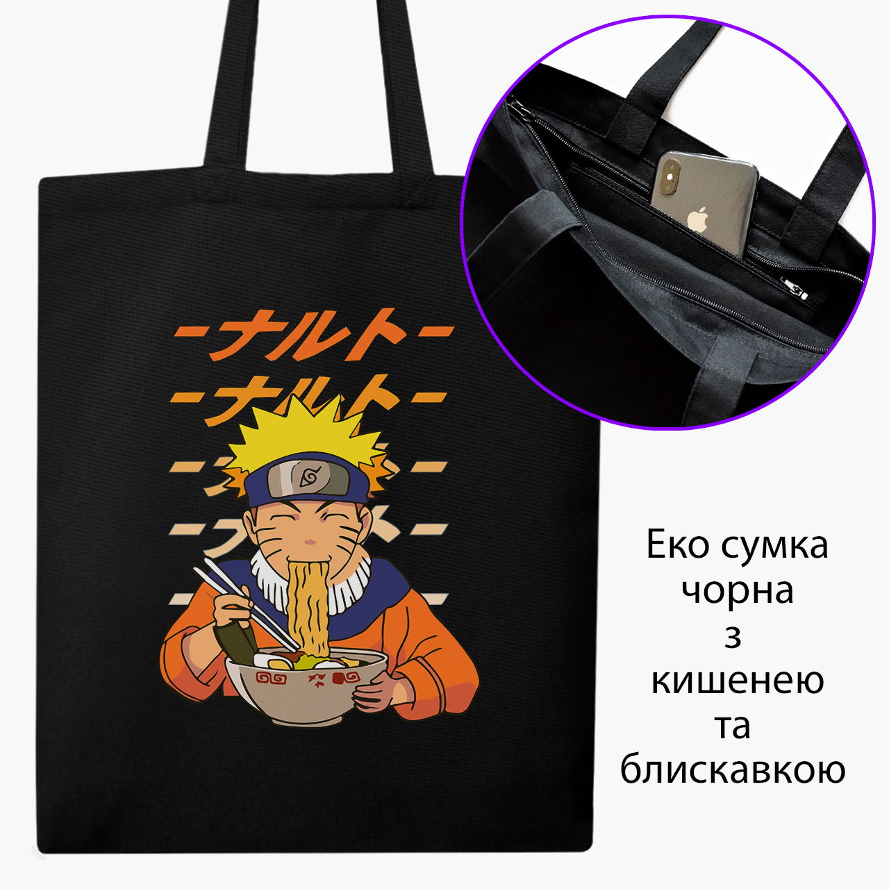 

Эко сумка шоппер на молнии Naruto Uzumaki (9227-2818) 41x35 см Черный